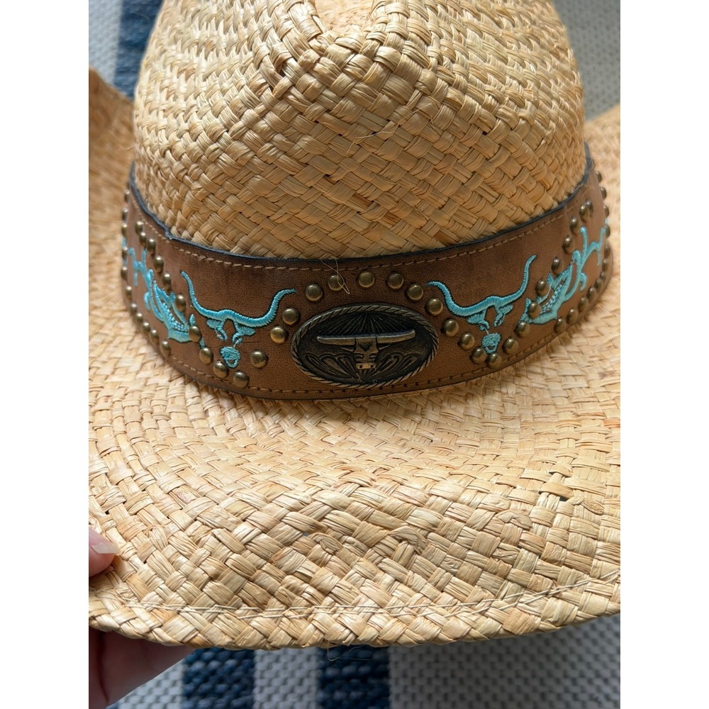 JHats Cowboy Western Hat One Size Beige Straw Leather Strap Cowgirl Rodeo